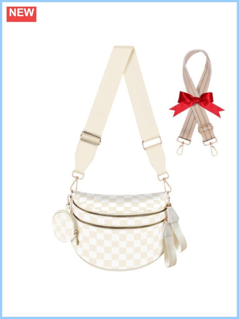 Checkered Nylon Crossbody Belt Bag Large Expandable Fanny Pack with Extra Strap